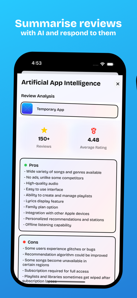 Radar App Keyword Optimization - Résumé des avis d'applications par IA montrant les avantages et les inconvénients catégorisés pour l'analyse des sentiments.