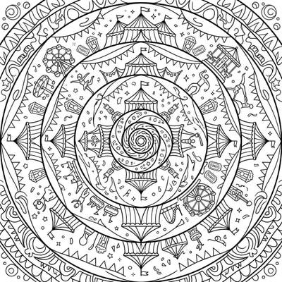 Experience the thrill of the fairground blended with the calming beauty of a mandala in this unique coloring page. Intricate spirals reveal circus tents, ferris wheels, and playful acrobats, offering hours of creative delight.