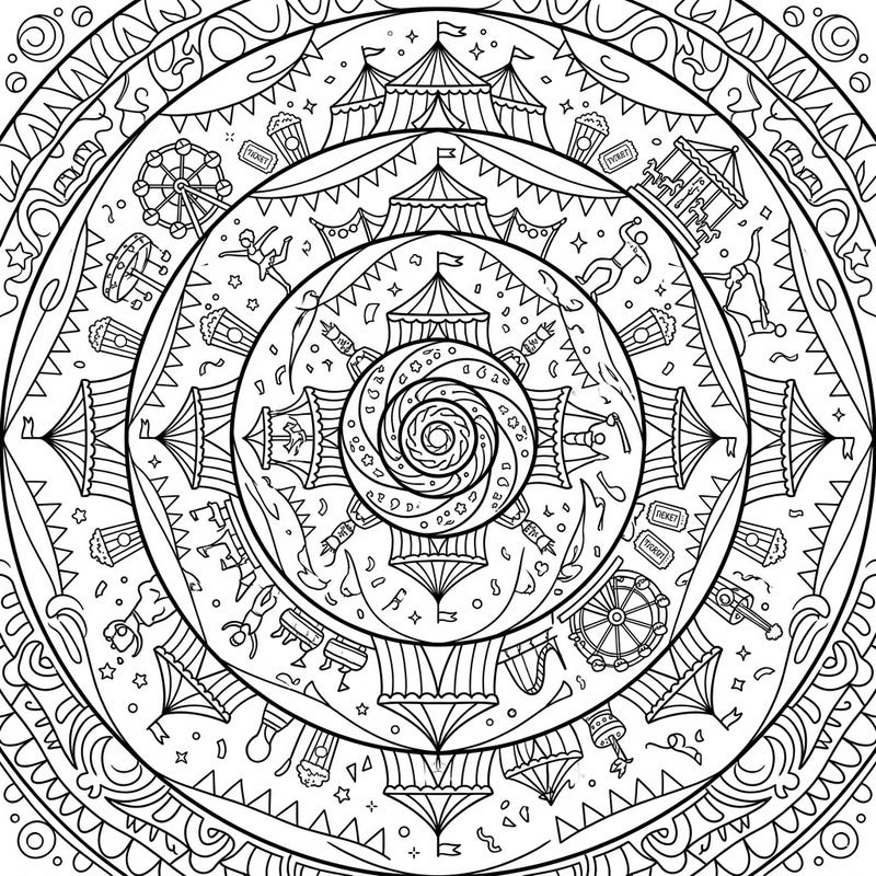 Experience the thrill of the fairground blended with the calming beauty of a mandala in this unique coloring page. Intricate spirals reveal circus tents, ferris wheels, and playful acrobats, offering hours of creative delight.
