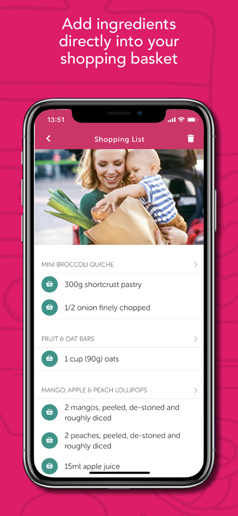 Fonctionnalité de liste de courses dans l'application Recettes DME montrant des ingrédients classés par catégories pour diverses recettes.