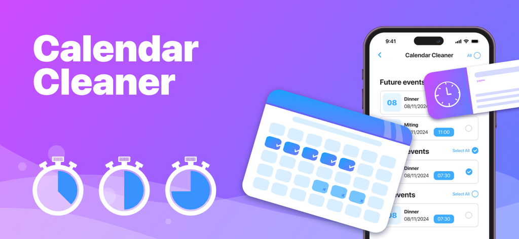 The calendar cleaner feature of the iSwipe app showing a list of past and future events to be deleted on an iPhone.
