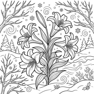Dive into the serene beauty of winter with this unique Madonna Lilies coloring page. Featuring delicate flowers blooming amidst a snowy landscape, it offers a peaceful artistic escape for all ages.