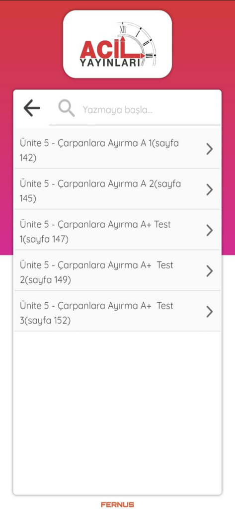 Acil Video Çözüm - Acil Video Cozum app interface displaying a search bar and a list of math units and test solutions by page number