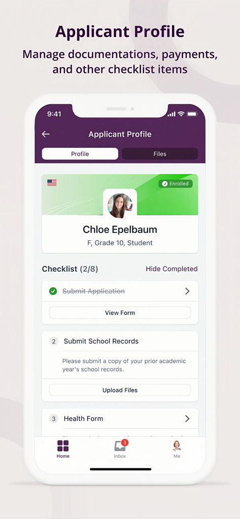 OpenApply - OpenApply app screen displaying a student profile and school admissions checklist items