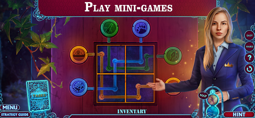 Fairy Godmother: Cinderella - A female character presenting a colorful pipe connection mini game in Fairy Godmother Cinderella.