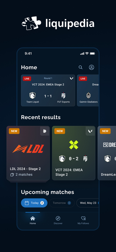 Écran d'accueil de l'application Liquipedia montrant les matchs d'esports en direct et les résultats récents.