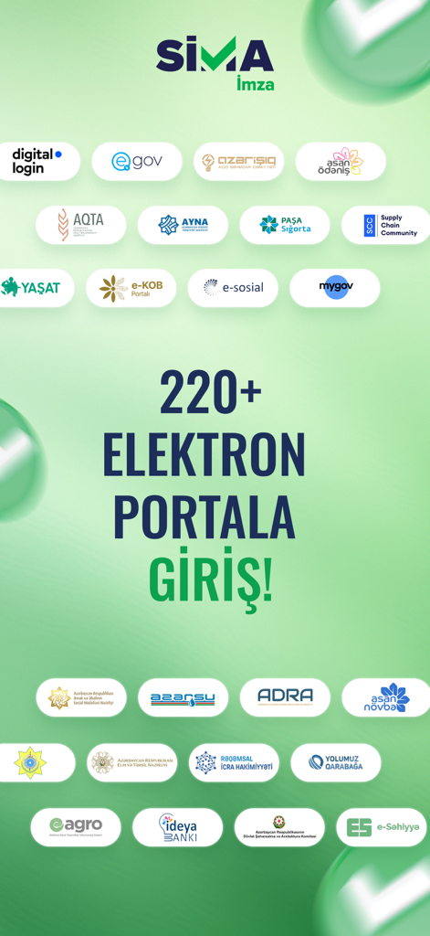 SİMA - Rəqəmsal İmza - SİMA İmza app screen showing access to over 220 electronic portals and services in Azerbaijan