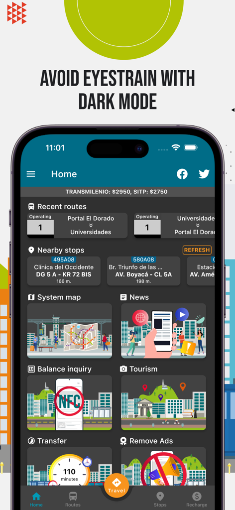 TransmiSitp MoviliXa - Pantalla de inicio de la aplicación TransmiSitp MoviliXa en modo oscuro mostrando rutas de tránsito público y funciones de navegación