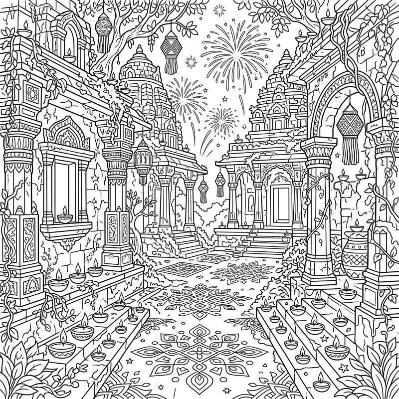 Immerse yourself in the magic of Diwali with this captivating coloring page featuring ancient temple ruins. Adorned with flickering diyas and intricate rangoli, this scene brings the festive spirit to life.