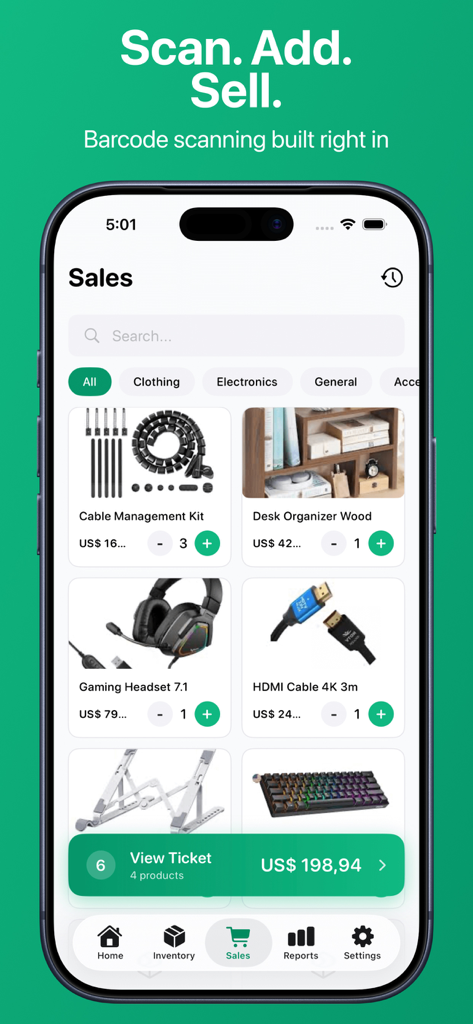 SellStock - Inventory & POS - Tela de vendas do aplicativo SellStock mostrando um catálogo de produtos com preços e um botão para visualizar o ticket em um iPhone