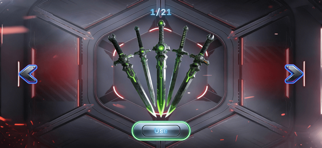 Gun Sound: Watch Weapon Box - Schermata di selezione che mostra cinque spade futuristiche luminose verdi