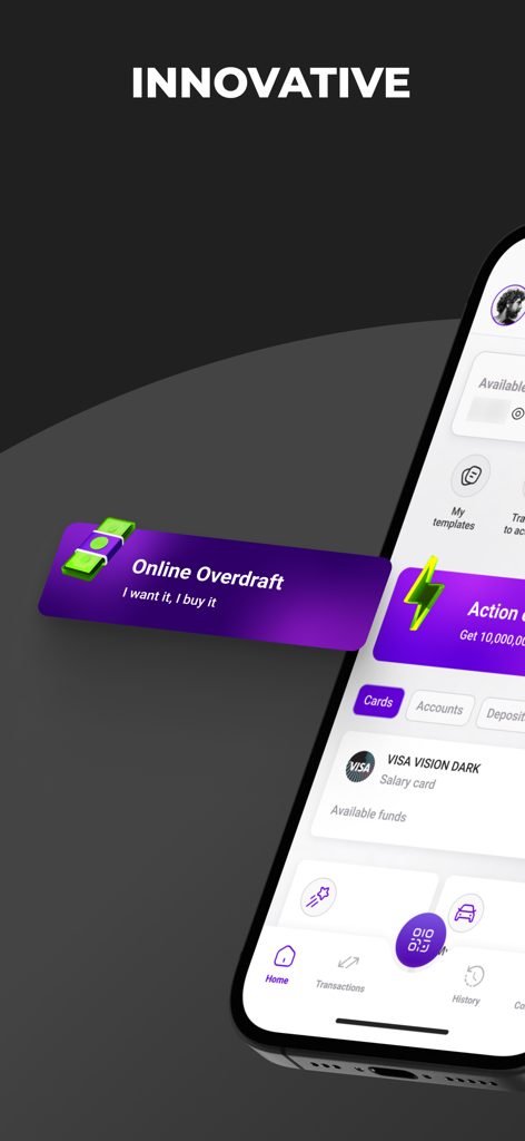EvocaTOUCH - EvocaTOUCH app screen showing online overdraft feature and visa card details