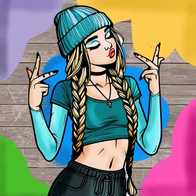 realistic teenage girl with braids and a beanie and crop top doing 🫶🏼