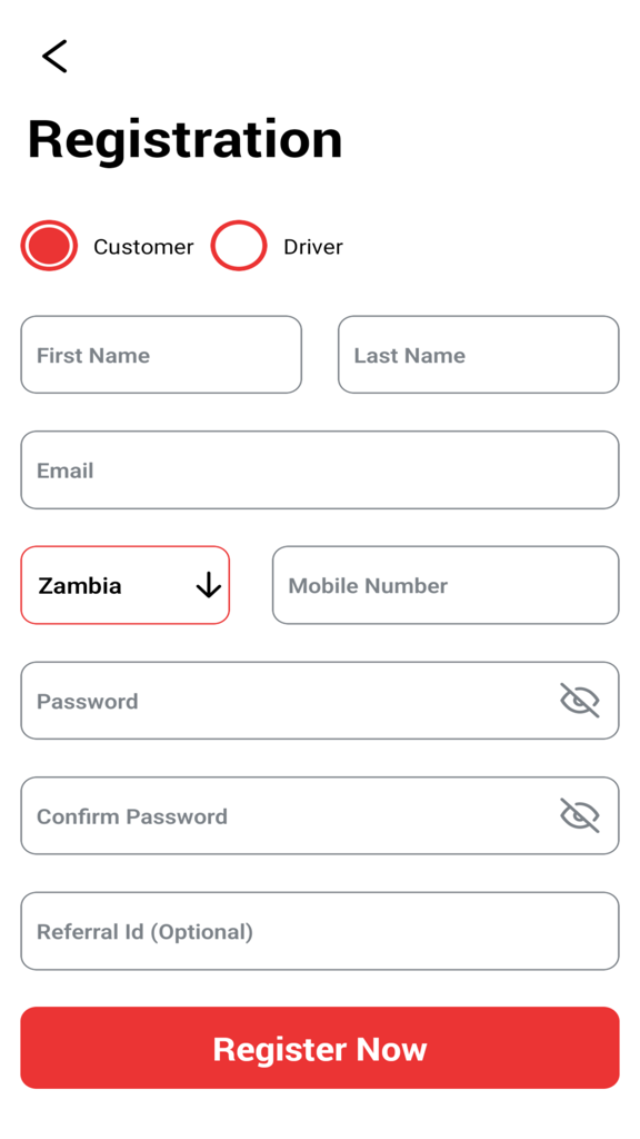 Ja Ride - Pantalla de registro de Ja Ride para la inscripción de nuevos clientes