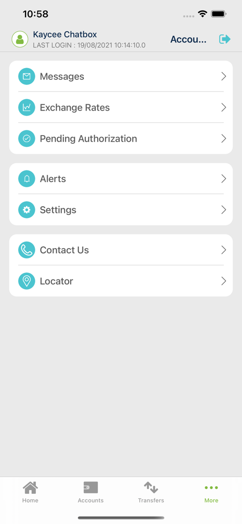 KCB iBank - Mobile app interface of KCB iBank showing the more menu with options for exchange rates, messages, and settings.