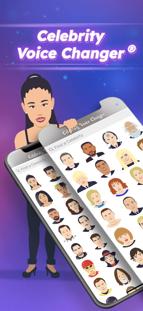 Cartoon celebrity avatars on smartphone screens for the Celebrity Voice Changer Live app