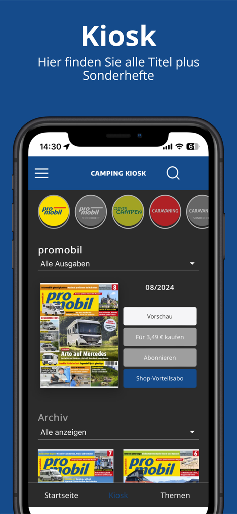 Camping Kiosk mobile app displaying digital RV and caravan magazines.