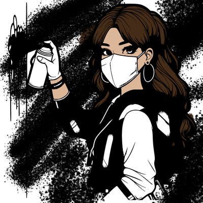 realistic girl with mask spray painting a wall