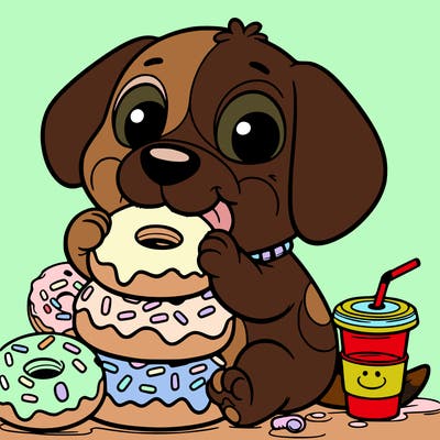 dog eating doughnuts