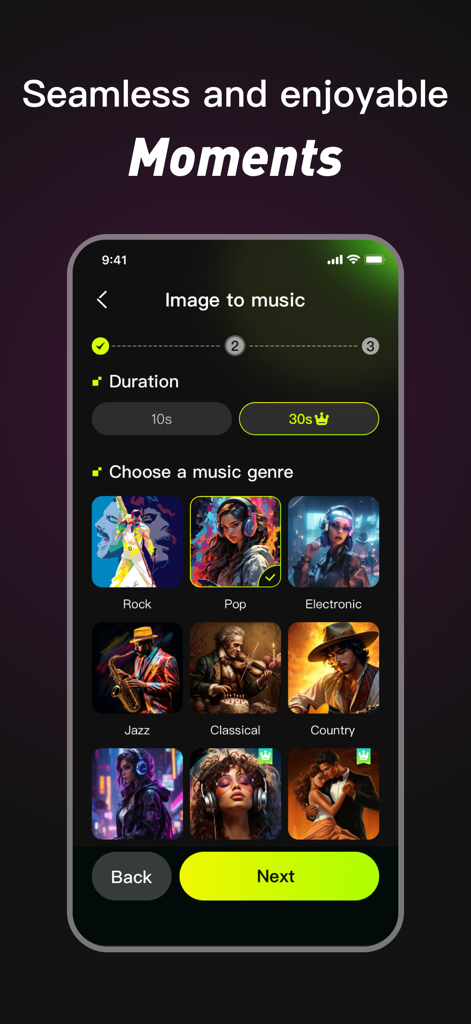 Bora app interface for the Image to Music feature showing options to choose music duration and genres like Pop, Rock, and Jazz.