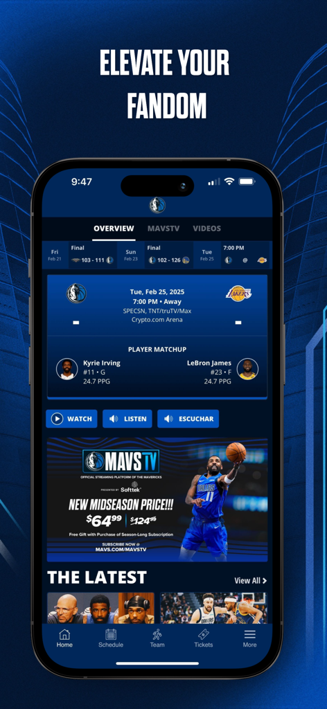 Interfaccia dell'app dei Dallas Mavericks che mostra il programma delle partite, le statistiche dei giocatori e l'abbonamento allo streaming MavsTV.