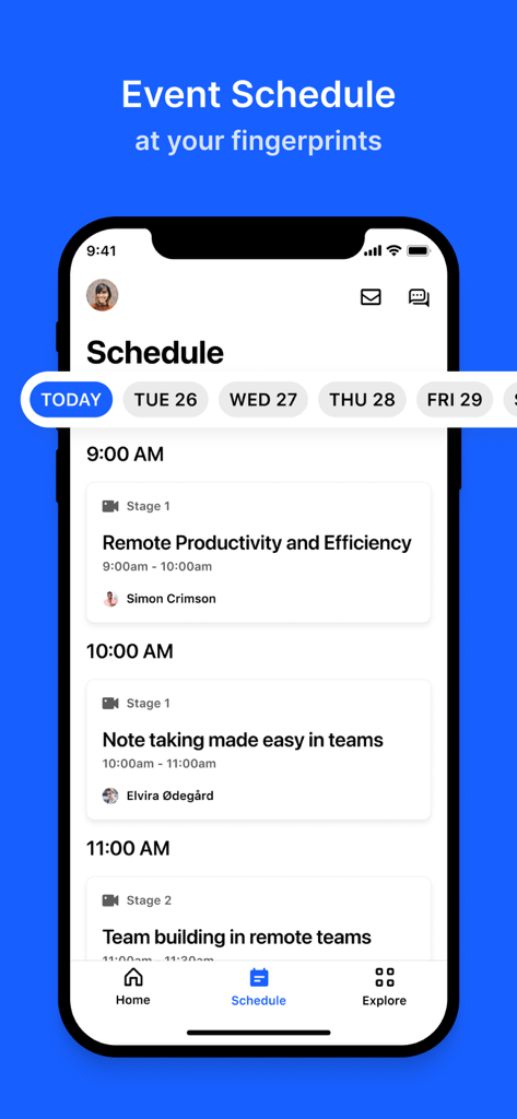 RingCentral Events - Daily event schedule and agenda view in the RingCentral Events mobile app
