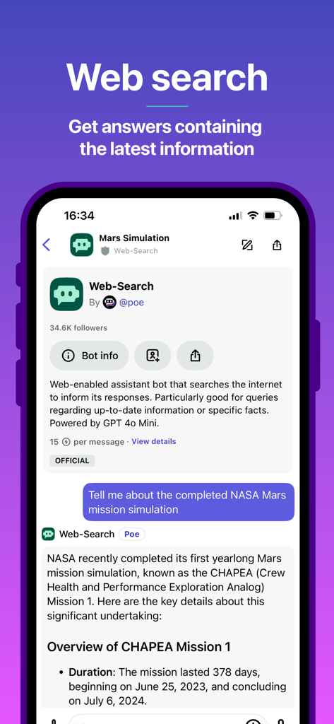 Tela de smartphone mostrando o aplicativo Poe AI usando um assistente habilitado para web para fornecer informações sobre uma simulação de missão em Marte da NASA.