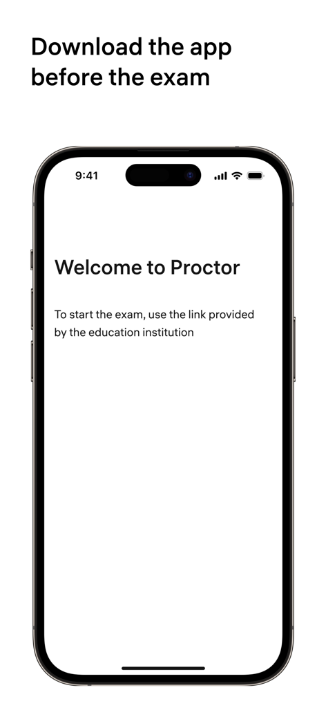 Constructor Proctor - Tela de boas-vindas do aplicativo móvel Constructor Proctor com instruções para iniciar uma prova supervisionada