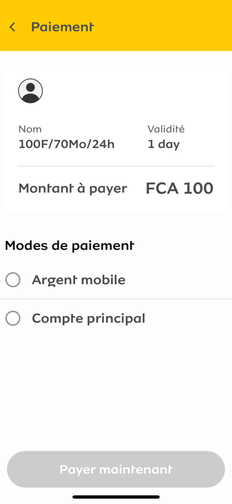 MyMTN BN - Pantalla de pago de la aplicación MyMTN BN para la compra de paquetes de datos.