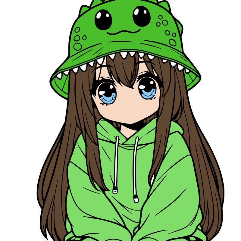 girl with anime shaped eyes with a dinosaur bucket hat oversized sweatshirt long straight hair