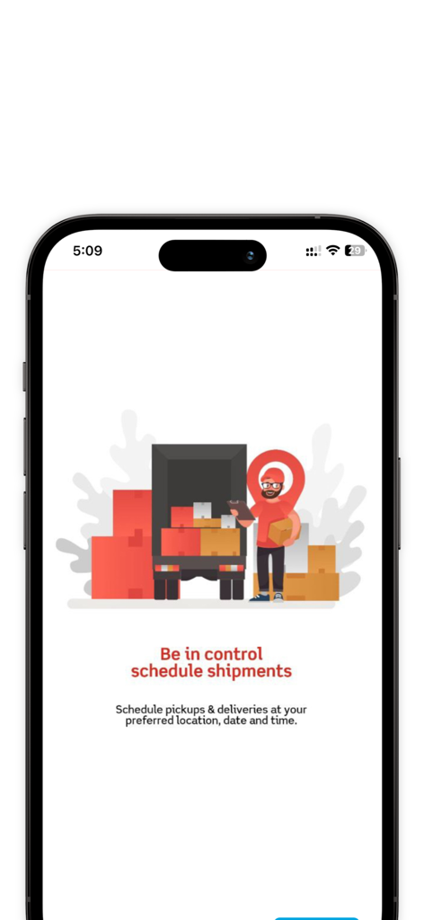 MOAM - An illustration of a delivery person and a truck on the MOAM app screen for scheduling shipments and pickups.