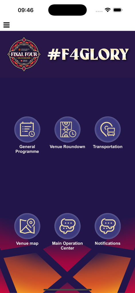 EuroLeague F4 - Main menu of the EuroLeague Final Four staff application featuring navigation icons for venue rundown, logistics, and operation center.