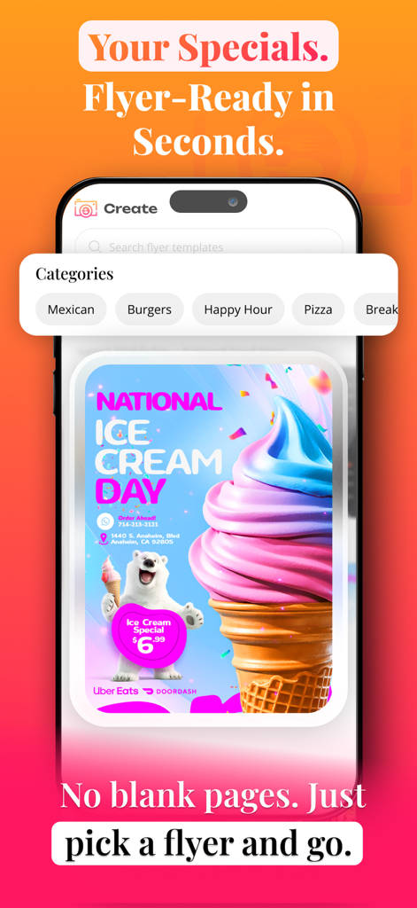 MenuSnap: Flyer Maker - Interface do aplicativo MenuSnap mostrando um modelo de folheto para o Dia Nacional do Sorvete com categorias de restaurantes