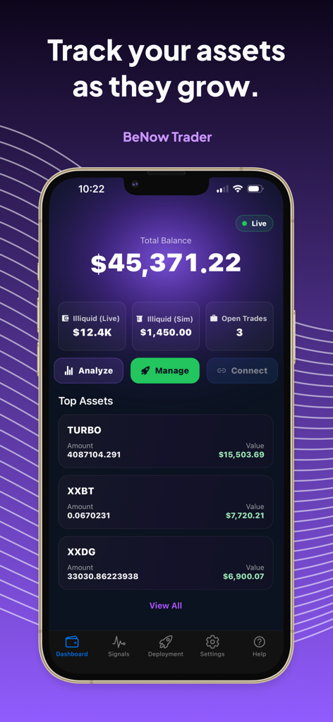 BeNow: AI Crypto Trader Bot - BeNow AI Crypto Trader dashboard showing total balance and top performing cryptocurrency assets
