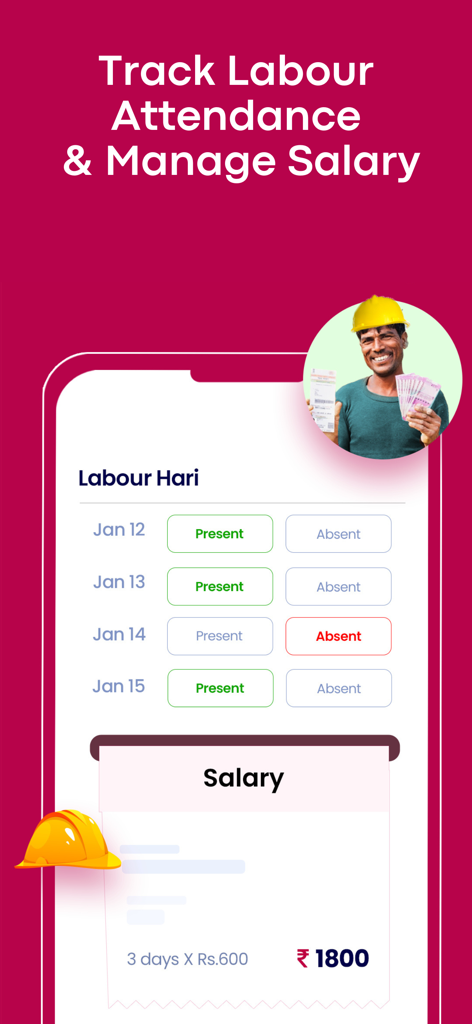 Interfaz de la app Onsite para rastrear la asistencia diaria de los trabajadores de la construcción y gestionar los pagos de salarios