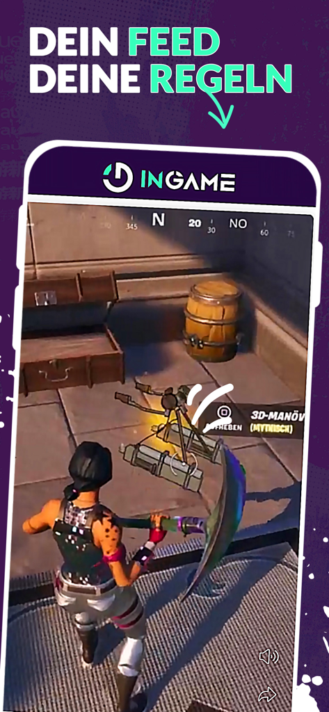 Smartphone screen showing the ingame app with a gaming video and personalized feed text.