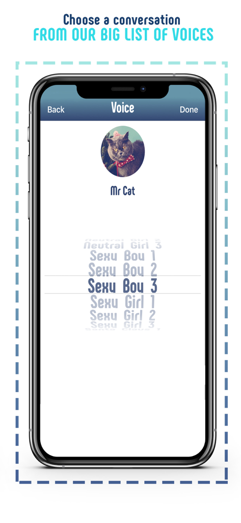 Fake Call – Spoof Caller ID - Oberfläche der Fake Call App, die eine Liste von Sprachoptionen für eine simulierte Konversation anzeigt