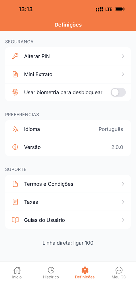The settings menu of the e-Mola mobile money app showing security and support options.