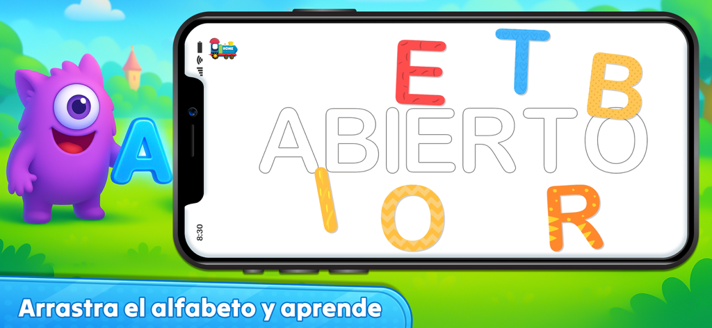 Foxie - Spanish Fun & Learn - カラフルな文字でABIERT Oという単語を綴る、子供向けのインタラクティブなスペイン語アルファベットパズルゲーム