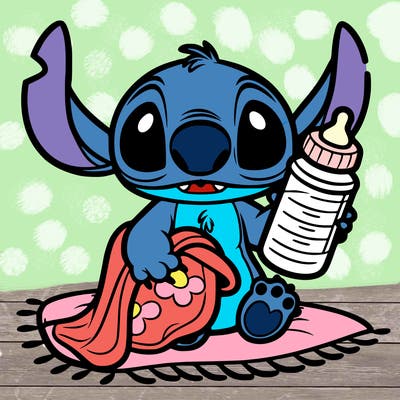 baby stitch holding a baby blanket and a bottle