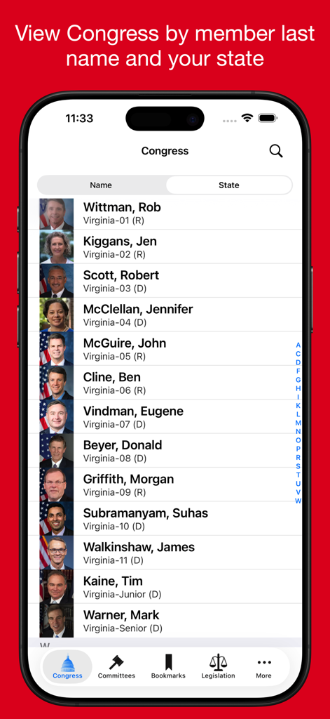 Congress Pro - A list of United States Congress members from Virginia displayed in the Congress Pro app directory.