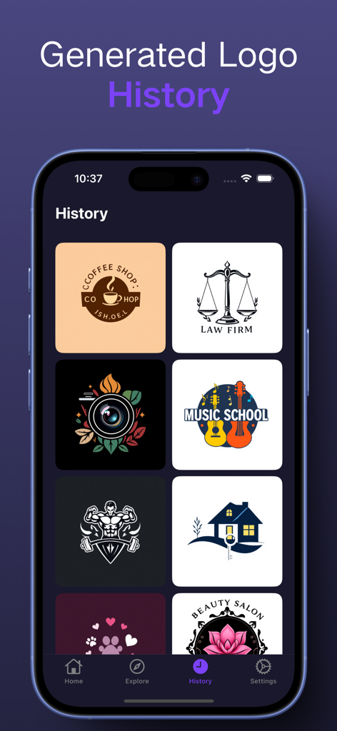 AI Logo Maker, Logo Generator - A mobile interface showing a grid of various AI generated logos in the app history section