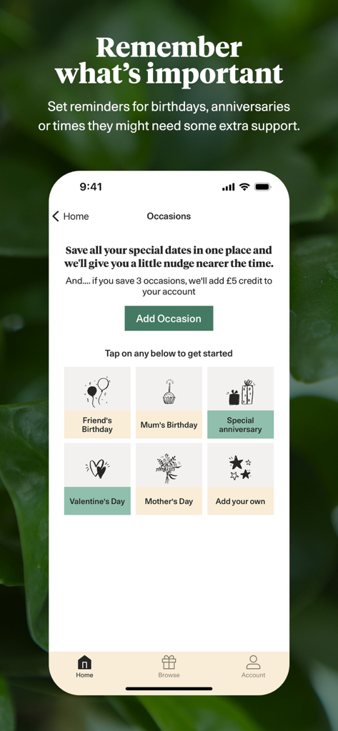 A screenshot of the Bloom and Wild app Occasions page showing reminders for birthdays anniversaries and special dates