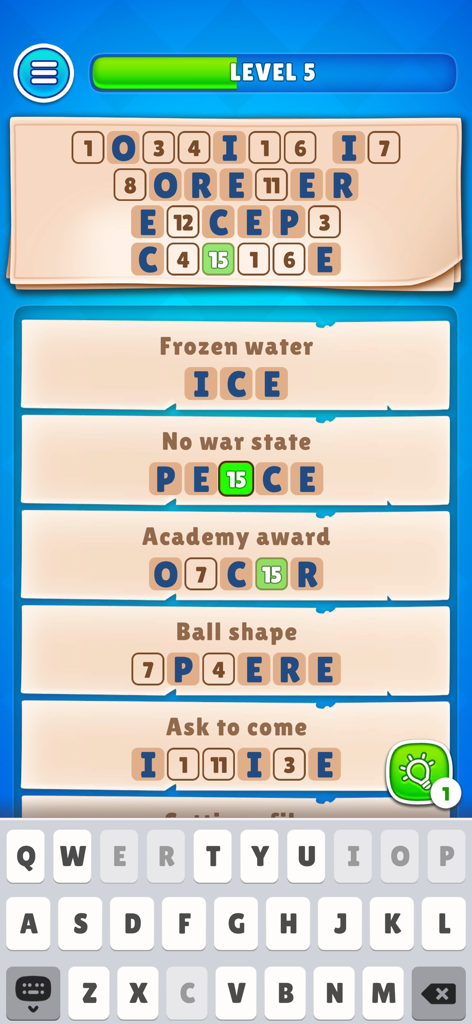 Cryptic Words: Crossword Game - Gameplay screen of Cryptic Words logic puzzle showing clues and number to letter matching