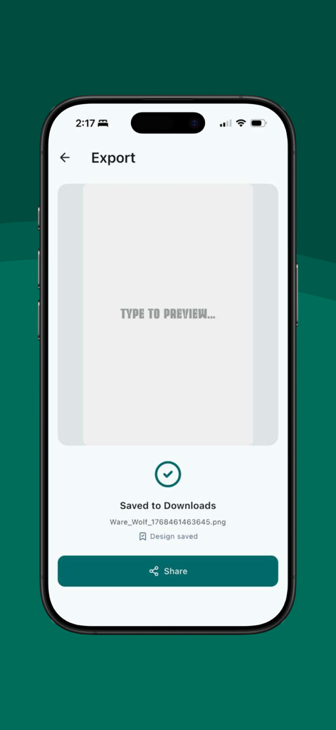 TextKit: Fonts & Status Editor - Interfaz de la aplicación TextKit mostrando un diseño de imagen de estado guardado con éxito con un botón para compartir