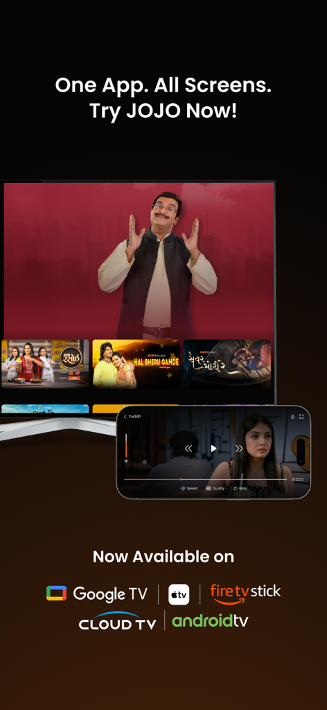 JOJO APP: Movies, Shows, Natak - JOJO App interface displaying Gujarati movies and shows on a television and smartphone with logos for Google TV Apple TV and Fire TV