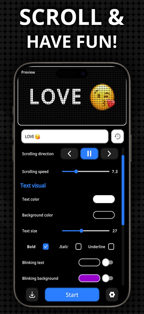LED Banner: LED Scroller Board - Interfaz de la aplicación LED Banner Scroller con el texto LOVE y un emoji mostrando la configuración de personalización de velocidad y color