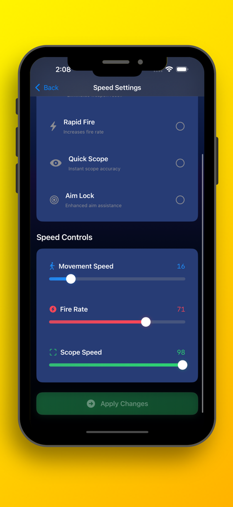 Speed settings interface in the FFH4X Pro app showing sliders for movement speed and fire rate