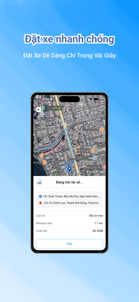 71ViVu mobile app interface showing a ride booking map and price estimate