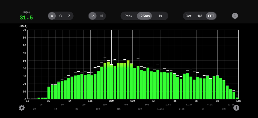 RTA Pro - RTA Pro mobile app interface showing a real-time frequency spectrum bar chart and decibel level measurement.